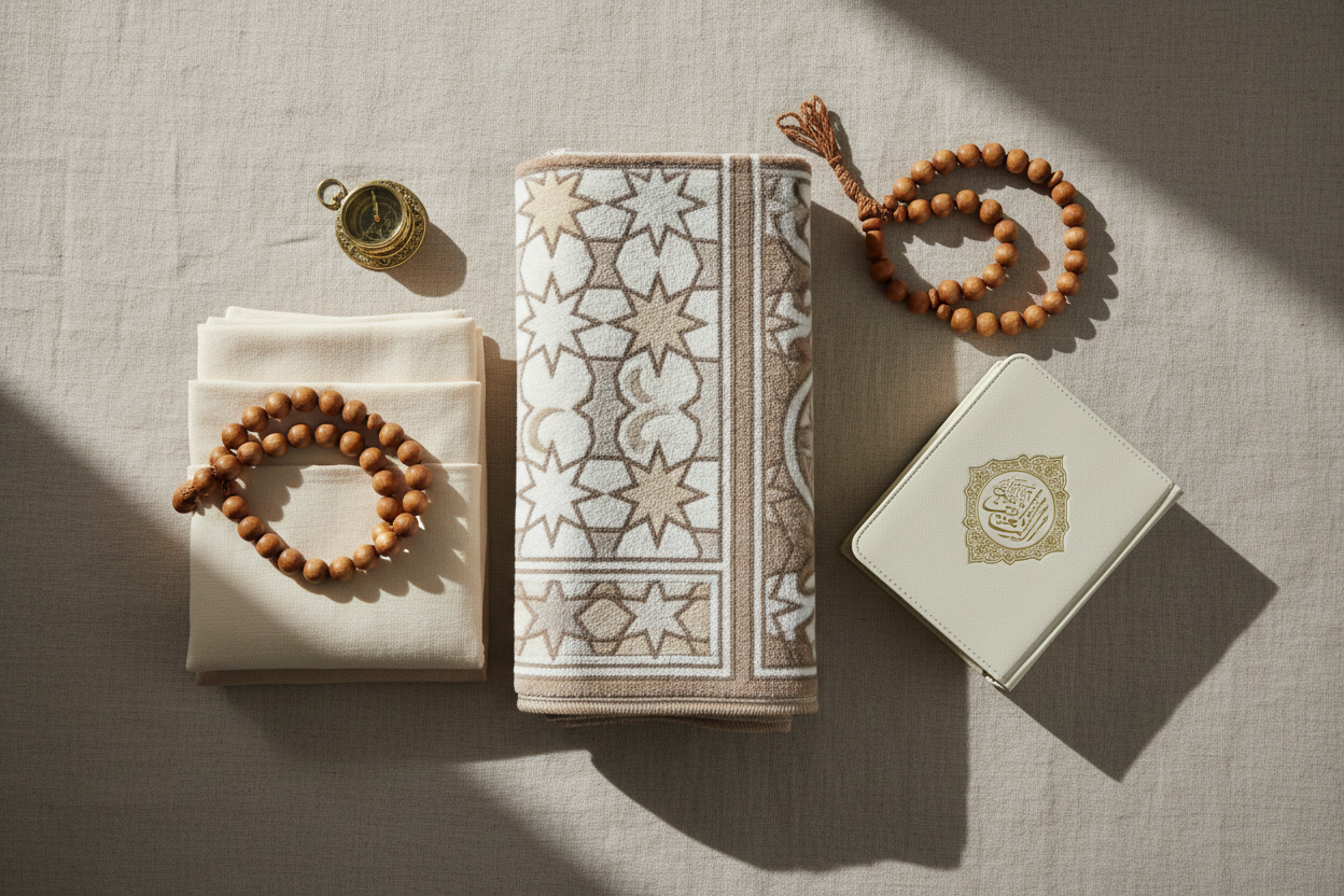 islamic items, neutral tone colors. items such as prayer mat and prayer clothes and tasbih.